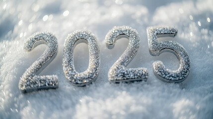 Sparkling 2025 on snowy background, winter holiday greeting
