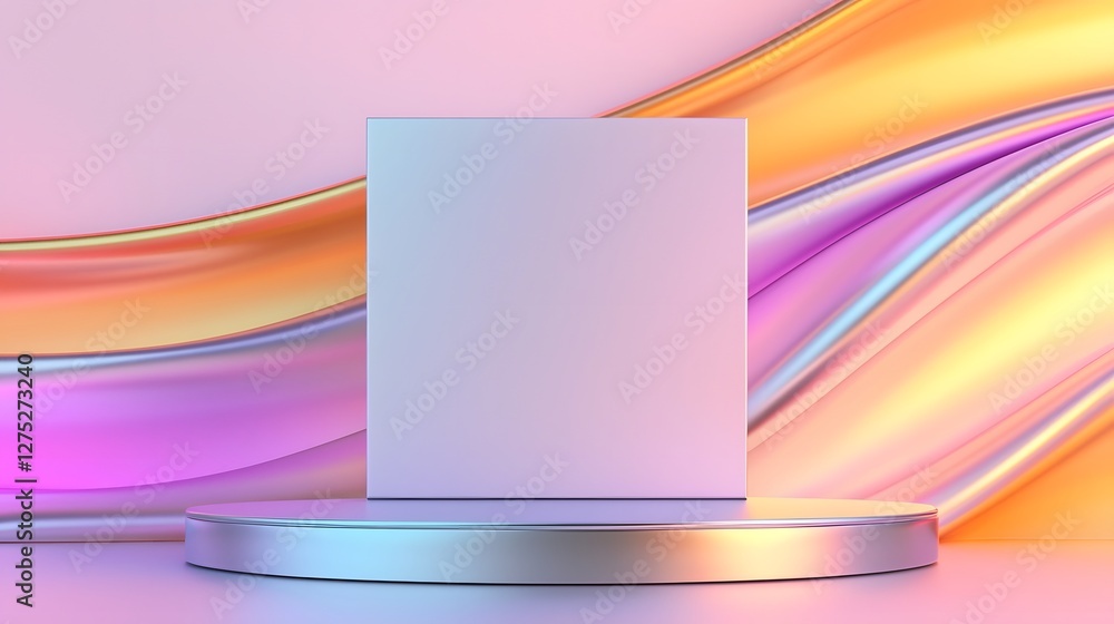 Poster a contemporary and elegant 3d rendered scene featuring a smooth metallic stage or platform reflectin