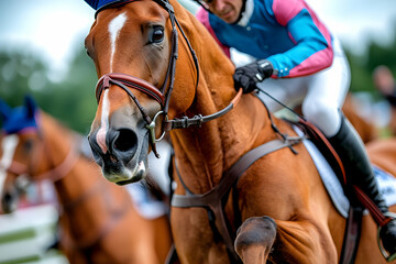 Obraz premium Horse race, jockey riding, close-up, blurred background, sports action