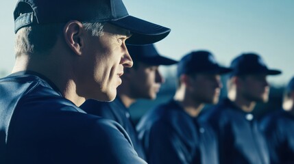 A baseball coach giving a pep talk during playoffs. Featuring leadership and strategy