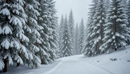 Naklejka premium Snowy forest with tall pines and dirt road