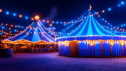 Illuminated blue circus tents at night, festive lights, paved ground