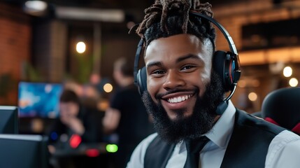 Friendly tech support representative offering assistance with headset on