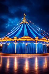Illuminated circus tent at night, reflecting lights