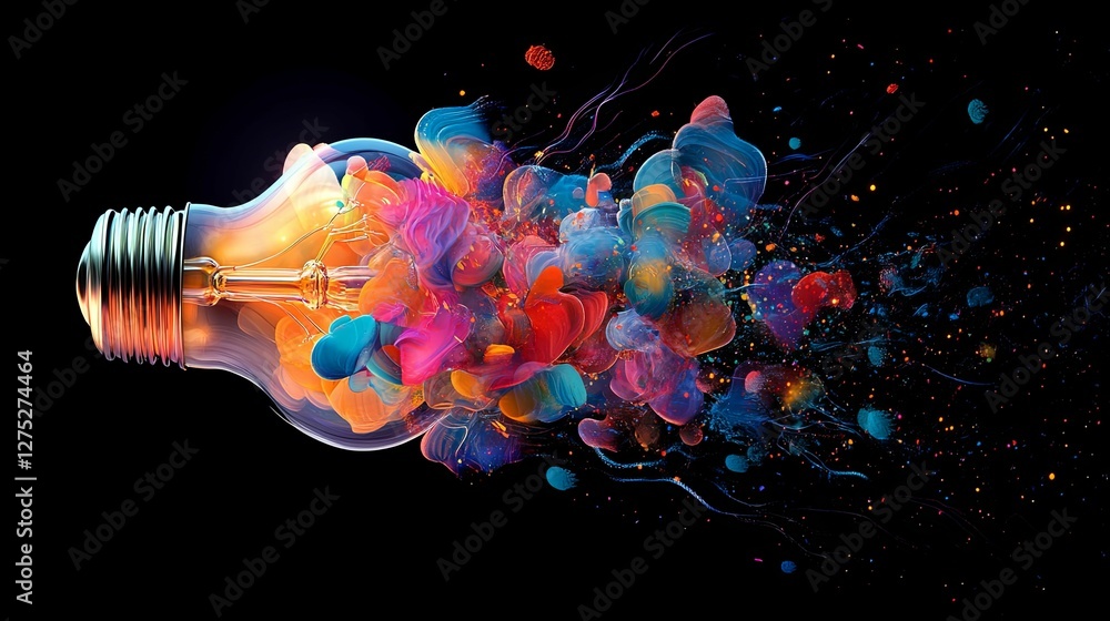 Poster colorful ink exploding from a lightbulb
