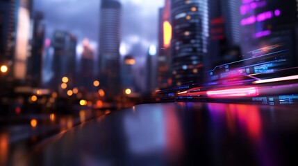 Obraz premium Futuristic City Nightscape, Blurry Skyscrapers and Neon Lights