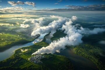 Urban land pollution threatens sustainability. Aerial view of a landscape with clouds and rivers.