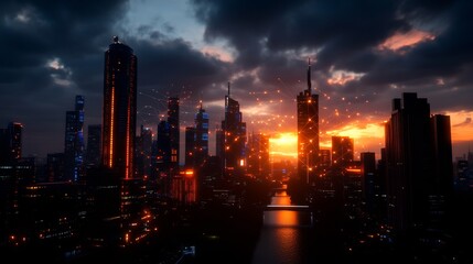 Obraz premium Futuristic Cityscape at Sunset, Glowing Networked Towers