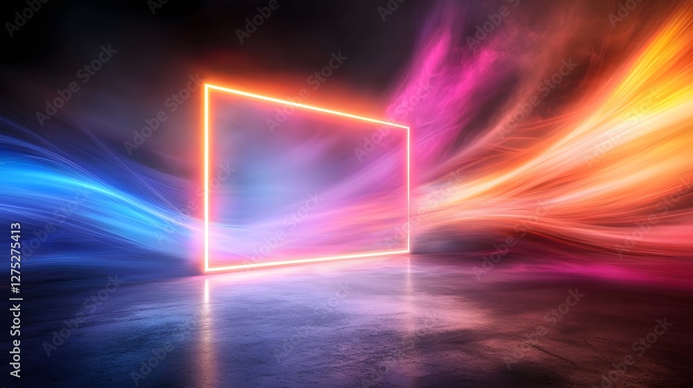 Poster A striking abstract scene featuring a radiant neon frame surrounded by swirling colorful smoke creating an electrifying futuristic composition with vibrant energy and mesmerizing visual effects