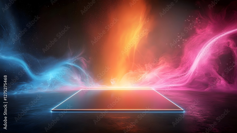 Poster A striking and captivating abstract scene featuring a radiant neon frame surrounded by swirling colorful smoke