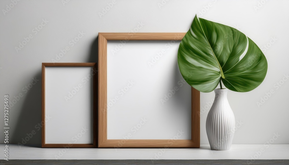 Poster vibrant green leaf framed by a rustic vase, a fresh snippet of nature against a minimal backdrop, em