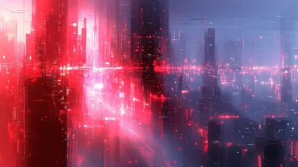Fototapeta premium Futuristic Cityscape with Neon Lights and Abstract Digital Effects