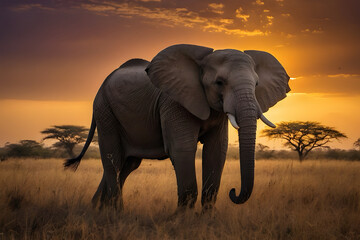 Obraz premium A majestic giant elephant stands tall against a breathtaking sunset, its massive silhouette outlined by the warm hues of the golden sky