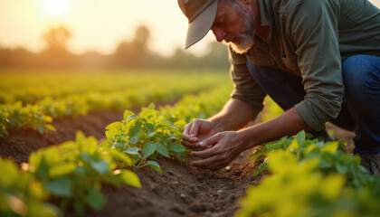 Bearded farmer examines soybean plants in sunlit field. Man crouches, inspecting crops, tending agriculture. Rural cultivation during growth season shows technique, sustainable crop care.