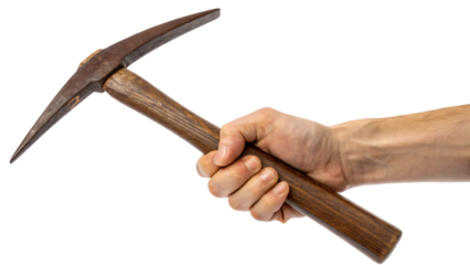 A worker's hand holds a pickaxe, ready for mining