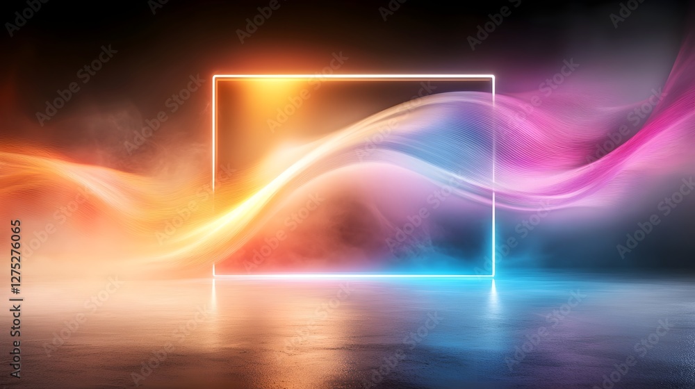 Poster A dynamic and captivating digital composition with a bold neon frame glowing intensely against a backdrop of swirling luminescent smoke creating a dreamlike futuristic ambiance