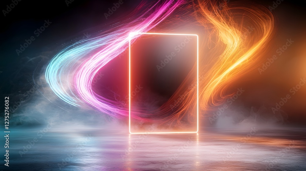Fototapete A mesmerizing and captivating digital composition featuring a bold neon frame that glows intensely against a backdrop of swirling luminescent smoke