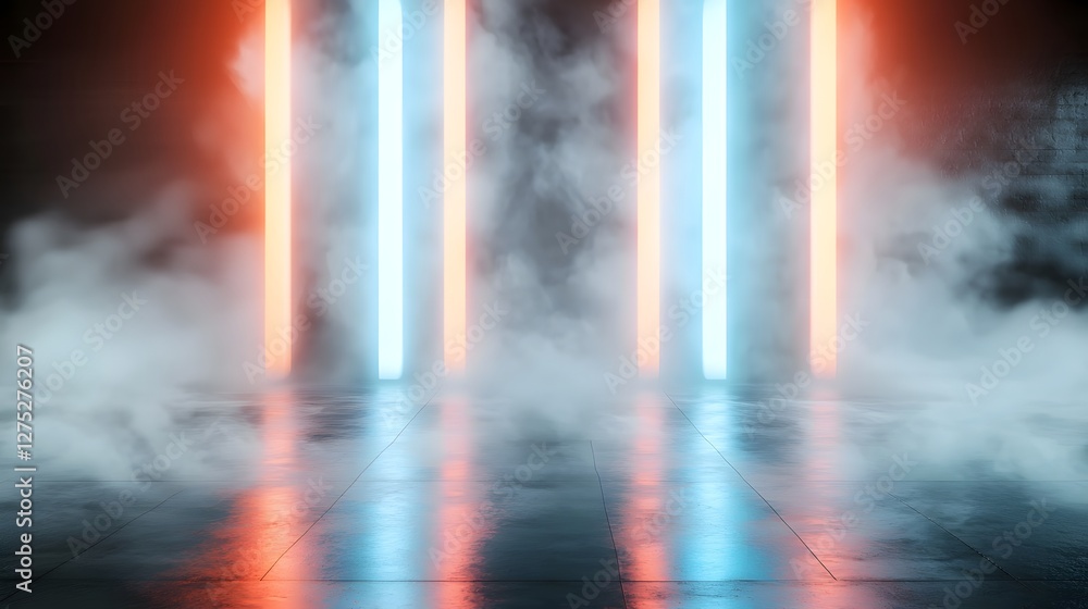Poster Surreal abstract scene with intense red and blue elongated light beams piercing through a misty atmospheric backdrop evoking a futuristic and mysterious ambiance of energy and illumination