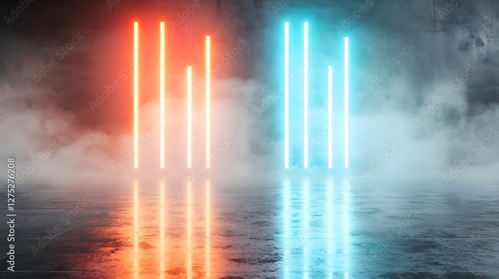 Fototapete radiant red and blue neon light beams stretching into a foggy ethereal abyss creating a dynamic and 