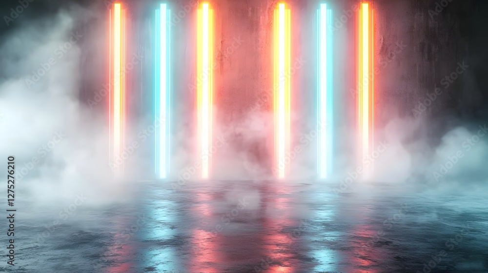 Poster dramatic and mesmerizing scene featuring radiant red and blue neon light beams stretching into a mys