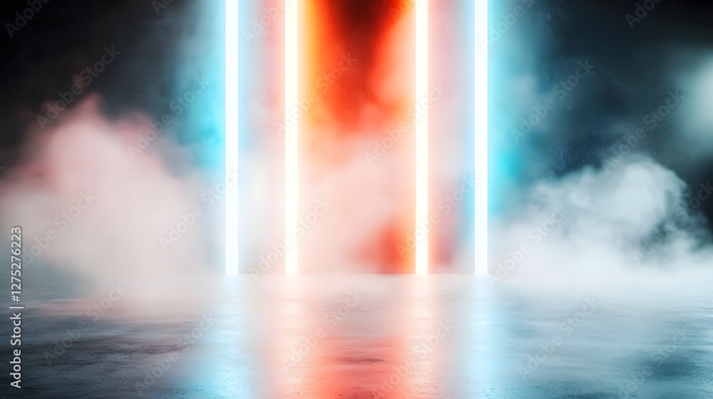 Poster A visually striking abstract setting illuminated by vivid red and blue laser like beams extending through a thick mist forming a high energy and enigmatic scene with a futuristic sci fi atmosphere