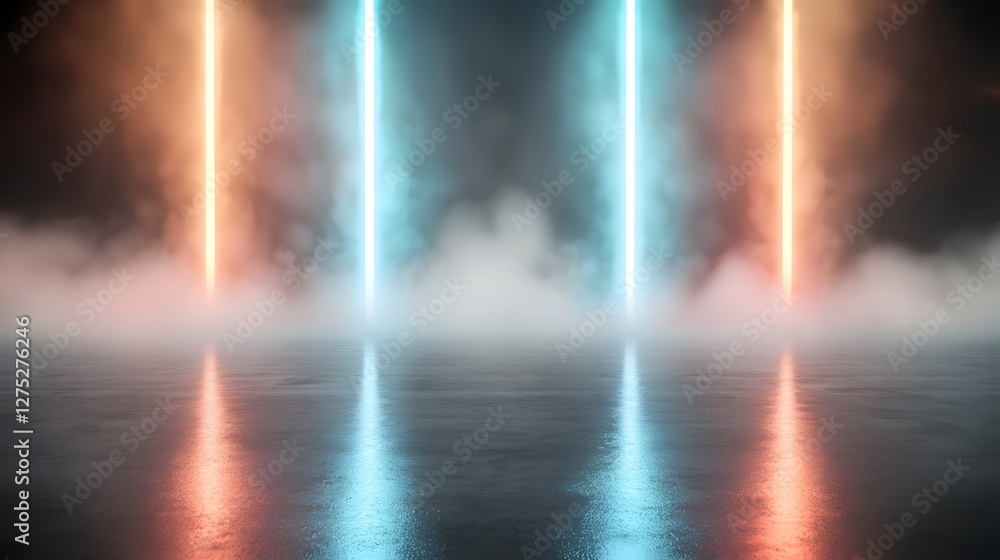 Aufkleber A visually striking abstract setting illuminated by vivid red and blue laser like beams extending through a thick mist forming a high energy and enigmatic futuristic scene