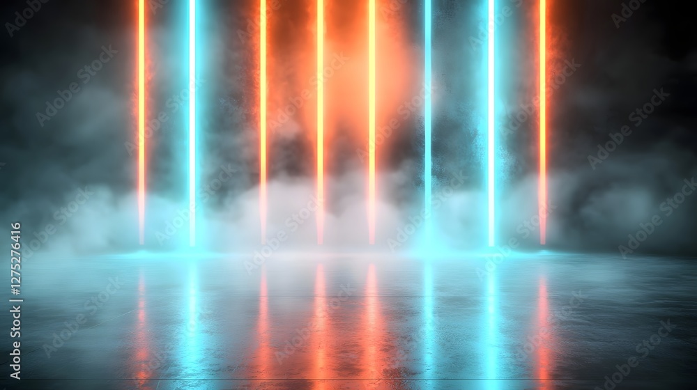 Fototapete a futuristic lightscape filled with long glowing red and blue beams fading into a dense fog creating