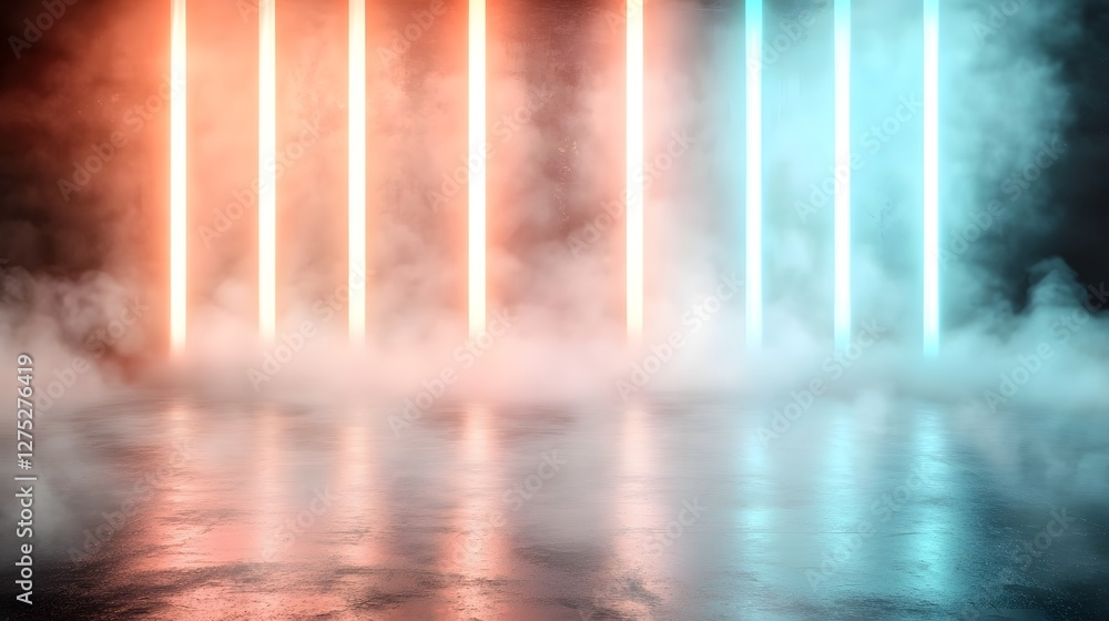 Poster A futuristic lightscape filled with long glowing red and blue beams fading into a dense fog creating a sense of depth mystery and digital surrealism