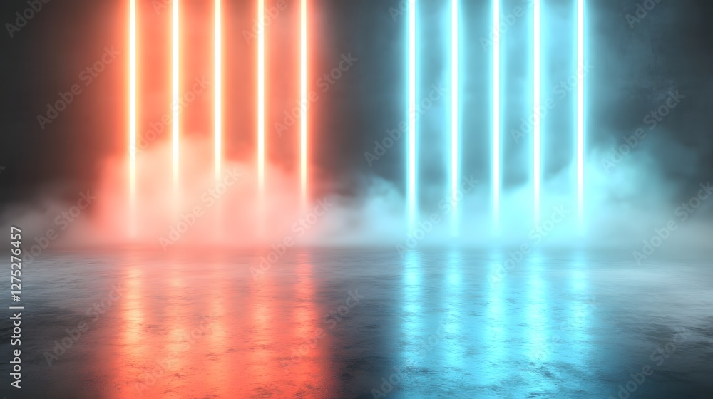 Poster Electrifying futuristic neon light trails in shades of red and blue extend through a hazy abstract space creating a captivating cyberpunk inspired aesthetic  The luminous