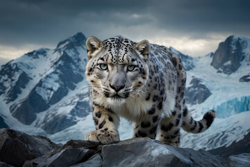 Fototapeta premium A powerful and emotional depiction of a snow leopard standing in its rapidly disappearing habitat