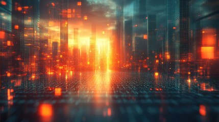 Fototapeta premium Futuristic Cityscape with Data Streams and Glowing Lights at Sunset