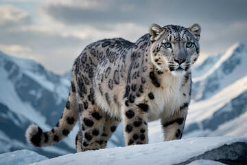 Obraz premium A powerful and emotional depiction of a snow leopard standing in its rapidly disappearing habitat