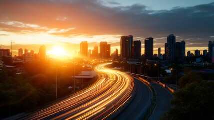Fototapeta premium Golden hour cityscape with illuminated traffic trails through the modern metropolis