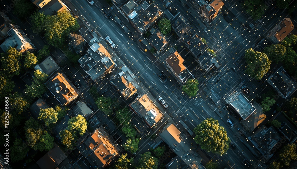 Poster a birdseye view of an advanced city where data lines connect sensors throughout the streets, improvi
