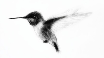 Fototapeta premium Hummingbird in flight, a detailed pencil drawing with soft shading on a white background.