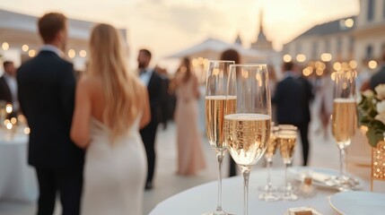 Outdoor Wedding Reception with Champagne Flutes