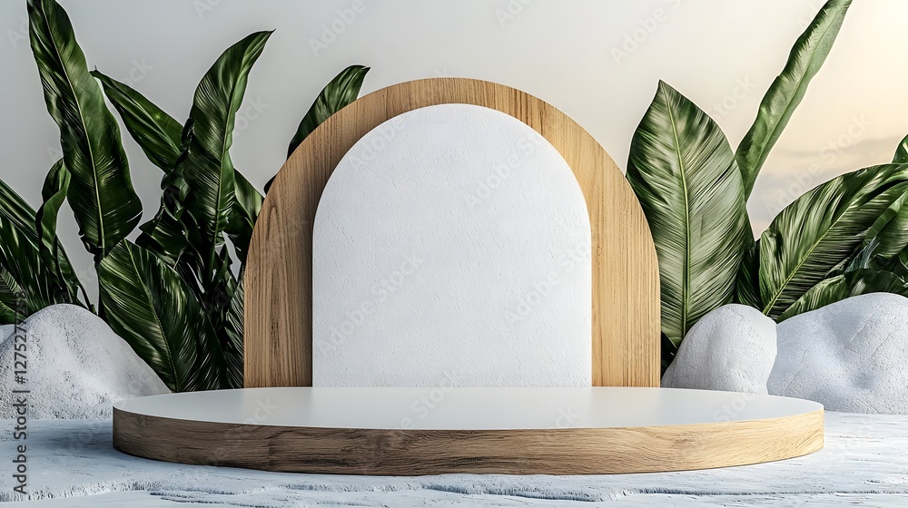 Aufkleber Minimalist and elegant product display scene featuring a smooth platform with an abstract wooden sculpture in the background