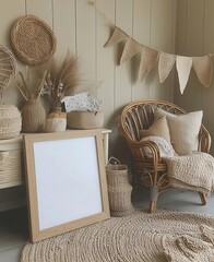 A cozy interior scene featuring a rattan chair, decorative baskets, natural textures, and a blank frame, perfect for a serene living space. Copy space