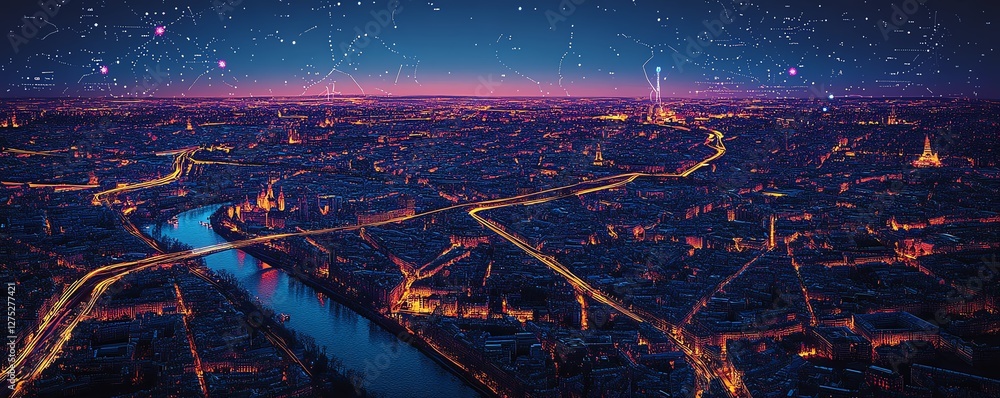 Poster a dynamic city grid with interconnected technology, where sensors collect data and transmit it throu