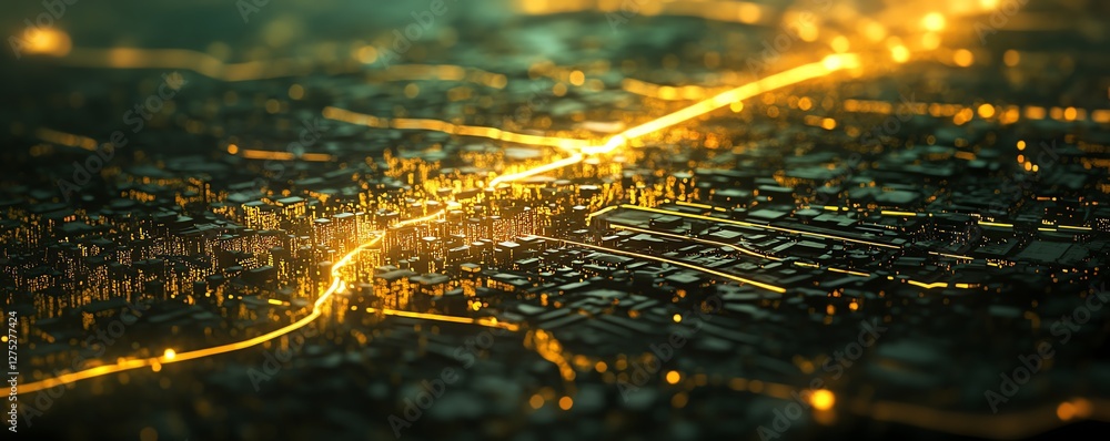 Poster a dynamic city grid with interconnected technology, where sensors collect data and transmit it throu