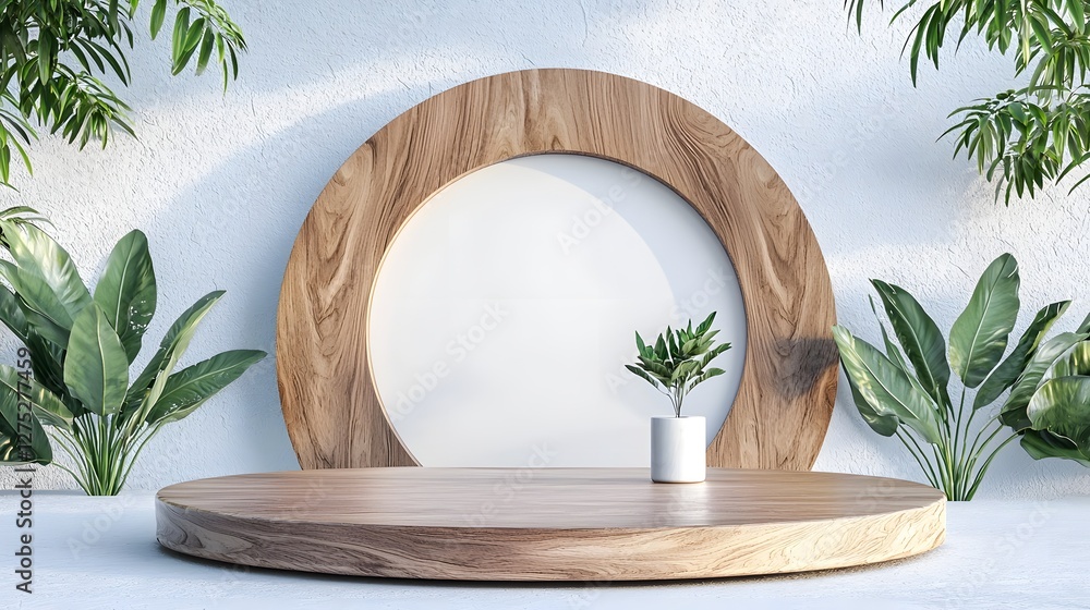 Poster refined and sophisticated product display arrangement featuring a beautifully crafted abstract woode