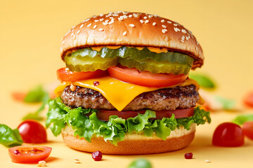 Juicy cheeseburger, fresh veggies, yellow backdrop. Food photography for menu use