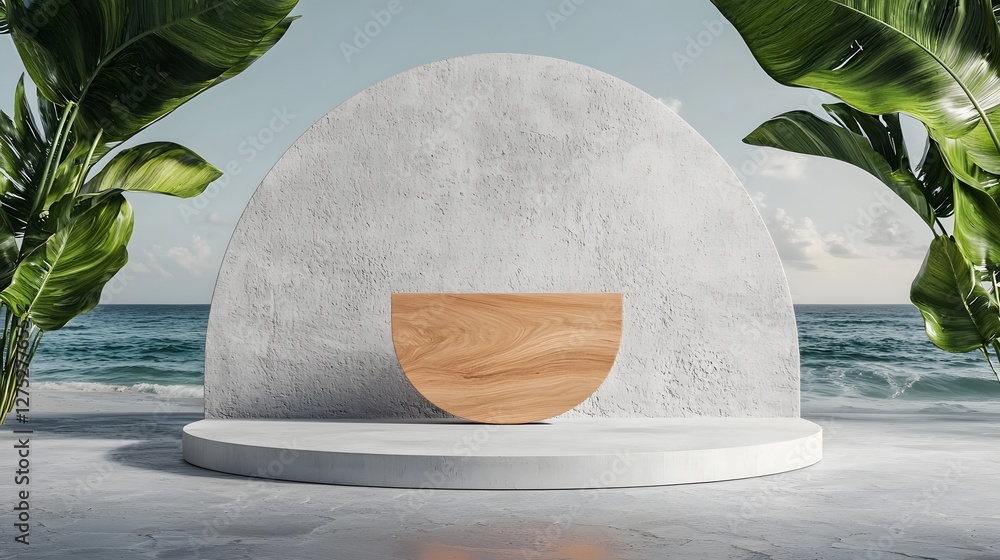 Poster Contemporary and product presentation scene featuring a uniquely designed wooden sculpture in the background adding depth warmth and a minimalist aesthetic to the overall display