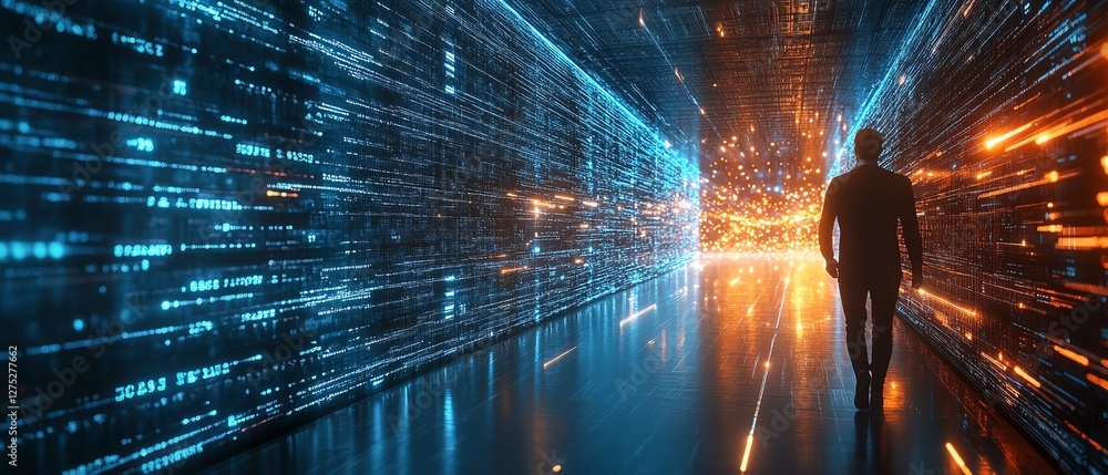 Poster a person navigating a virtual 3d data network, with beams of light highlighting key pathways leading