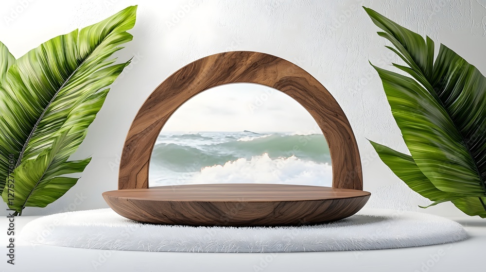 Poster A contemporary and product presentation scene featuring a uniquely designed wooden sculpture in the background adding depth and warmth to the minimal aesthetic