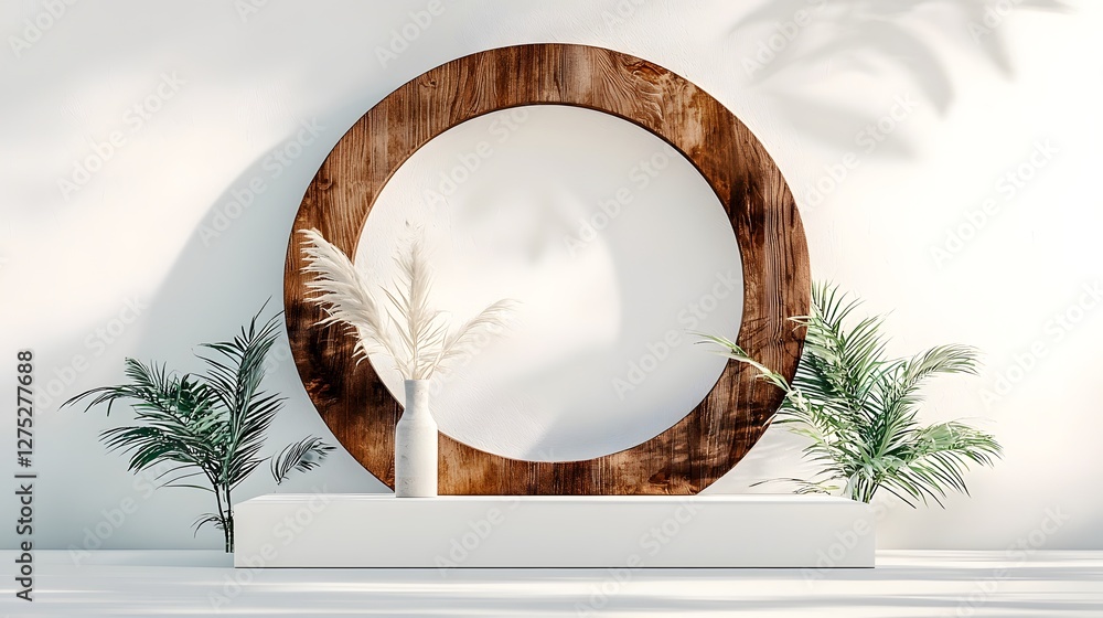 Poster a beautifully composed product display featuring an elegant abstract wooden sculpture in the backgro