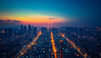 Fototapeta premium A modern urban landscape where smart sensors collect data and send it through glowing digital lines, transforming the city into a connected, efficient space