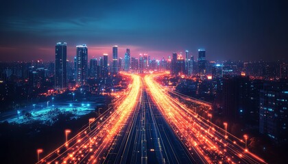 A modern urban landscape where smart sensors collect data and send it through glowing digital lines, transforming the city into a connected, efficient space