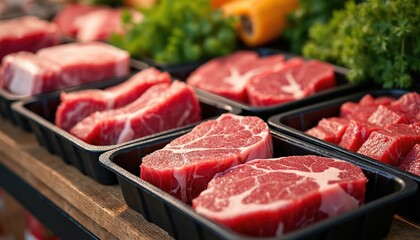 Fresh cuts of beef in black trays on wooden display. Premium meat quality. Raw red meat showcases protein selection at butcher shop, supermarket for retail consumerism.