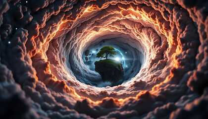 Dreamy cosmic vortex with swirling galaxies and floating islands.